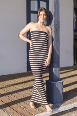 Kara Strapless Stripe Print Knit Maxi Dress Black