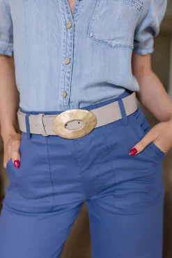 Katie Hammered Oval Buckle Belt Taupe