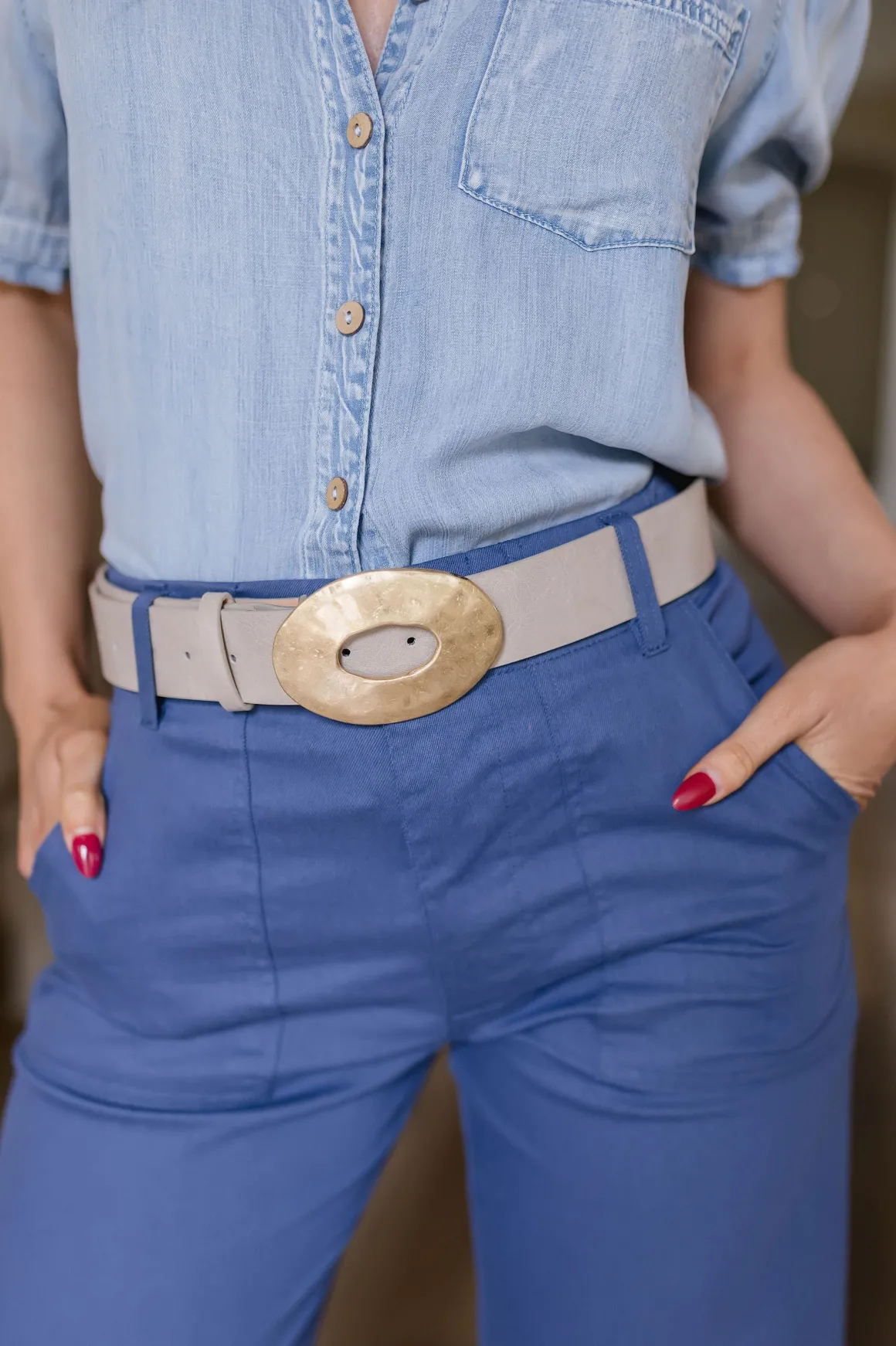 Katie Hammered Oval Buckle Belt Taupe