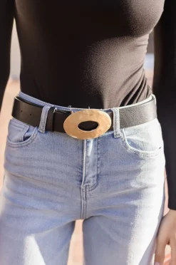 Katie Hammered Oval Buckle Belt Black