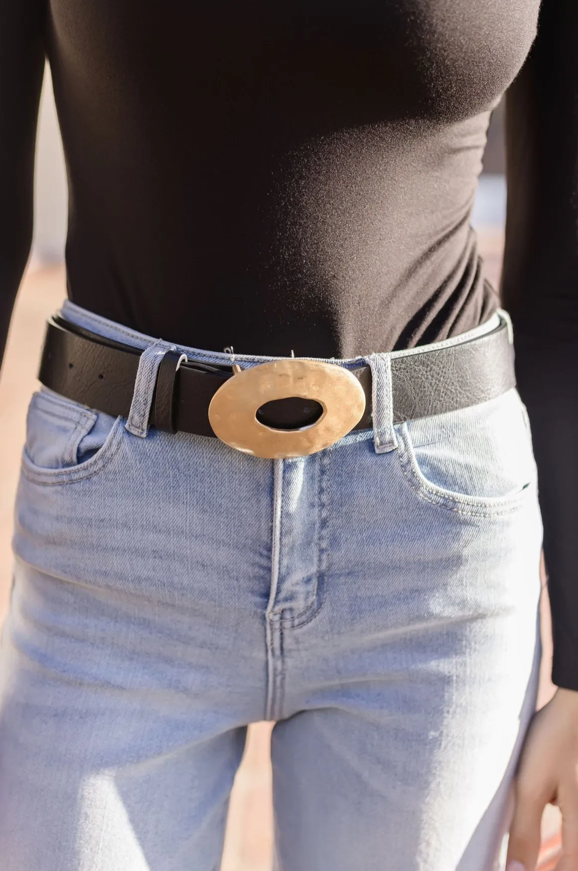Katie Hammered Oval Buckle Belt Black