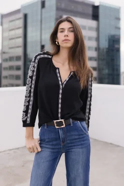 Katrina Embroidered Long Sleeve Top Black