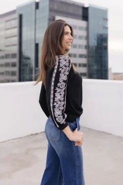 Katrina Embroidered Long Sleeve Top Black