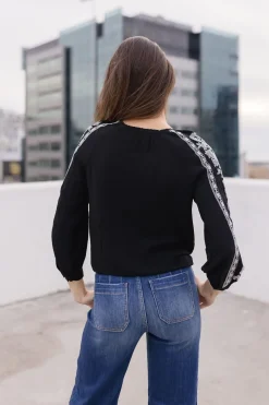 Katrina Embroidered Long Sleeve Top Black