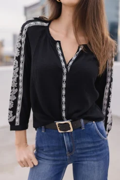 Katrina Embroidered Long Sleeve Top Black