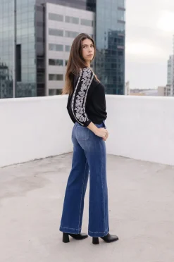 Katrina Embroidered Long Sleeve Top Black