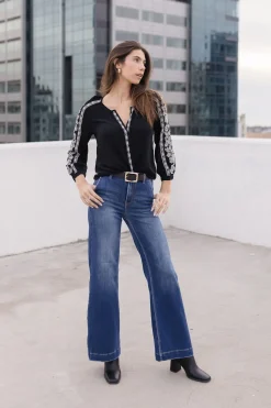 Katrina Embroidered Long Sleeve Top Black