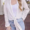Kayla Long Sleeve Tie Front Embroidered Top White
