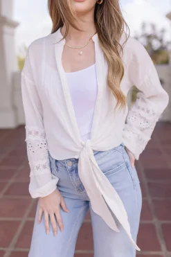 Kayla Long Sleeve Tie Front Embroidered Top White