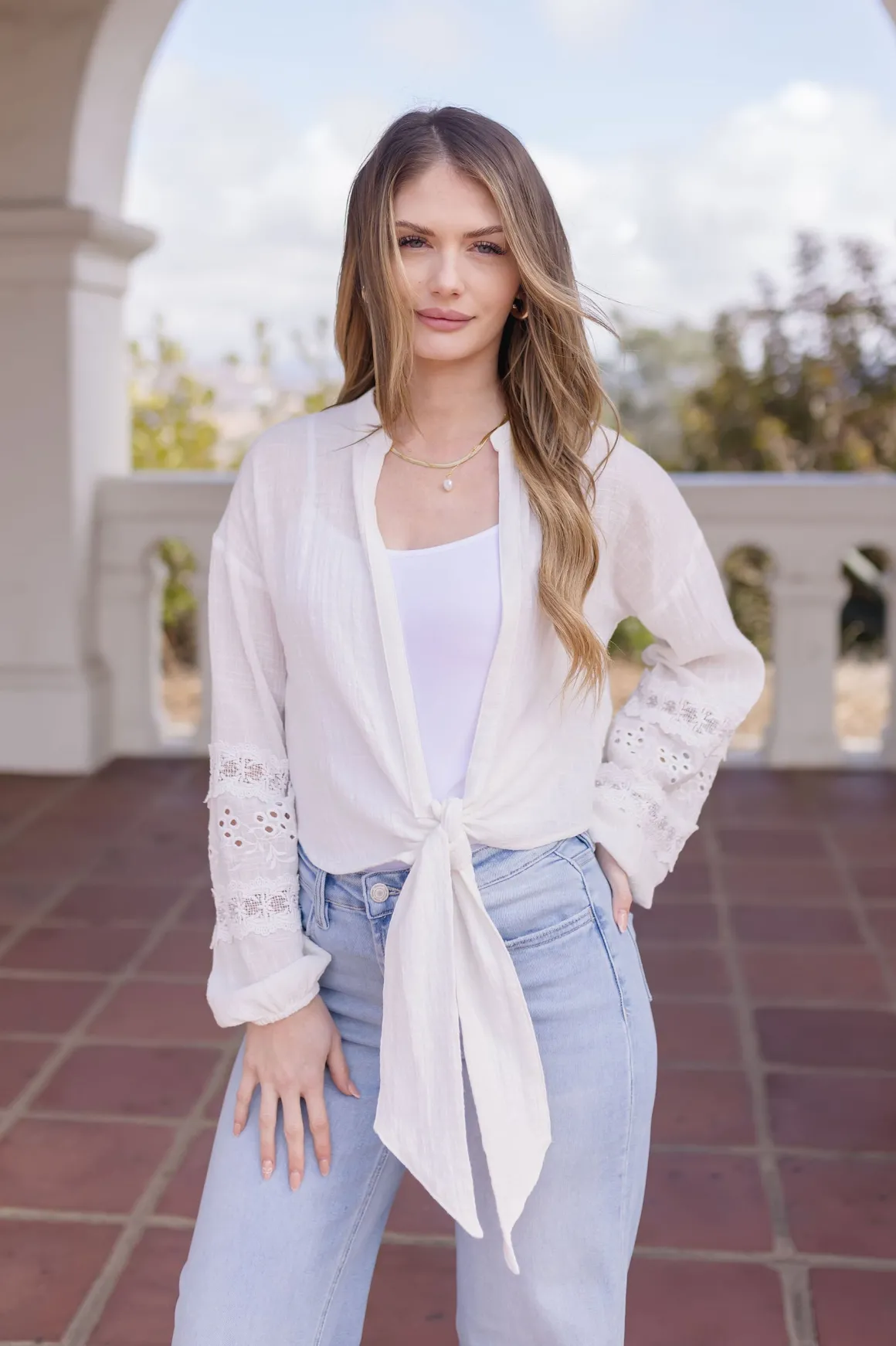 Kayla Long Sleeve Tie Front Embroidered Top White
