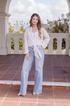 Kayla Long Sleeve Tie Front Embroidered Top White