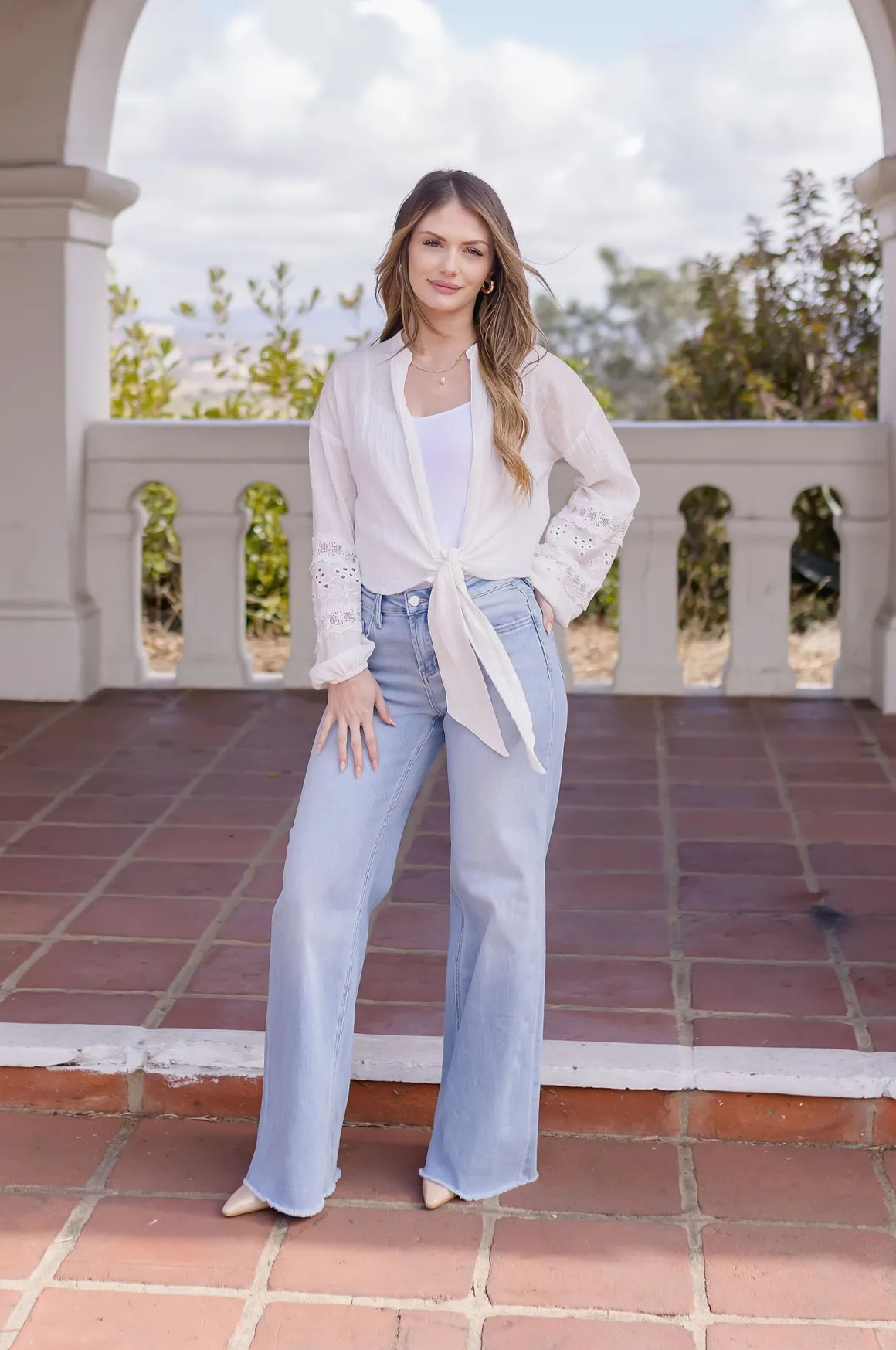 Kayla Long Sleeve Tie Front Embroidered Top White