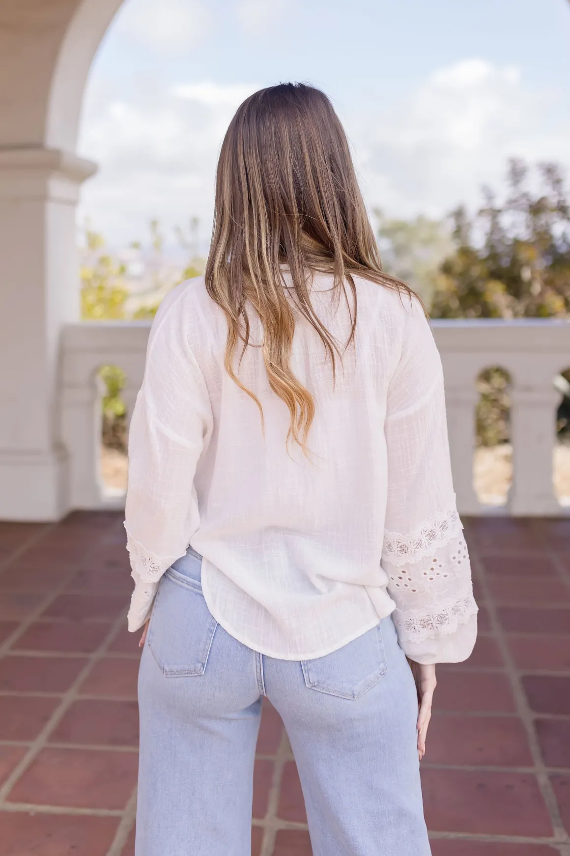 Kayla Long Sleeve Tie Front Embroidered Top White
