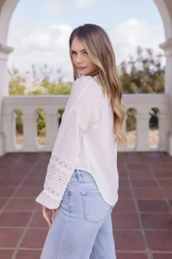 Kayla Long Sleeve Tie Front Embroidered Top White
