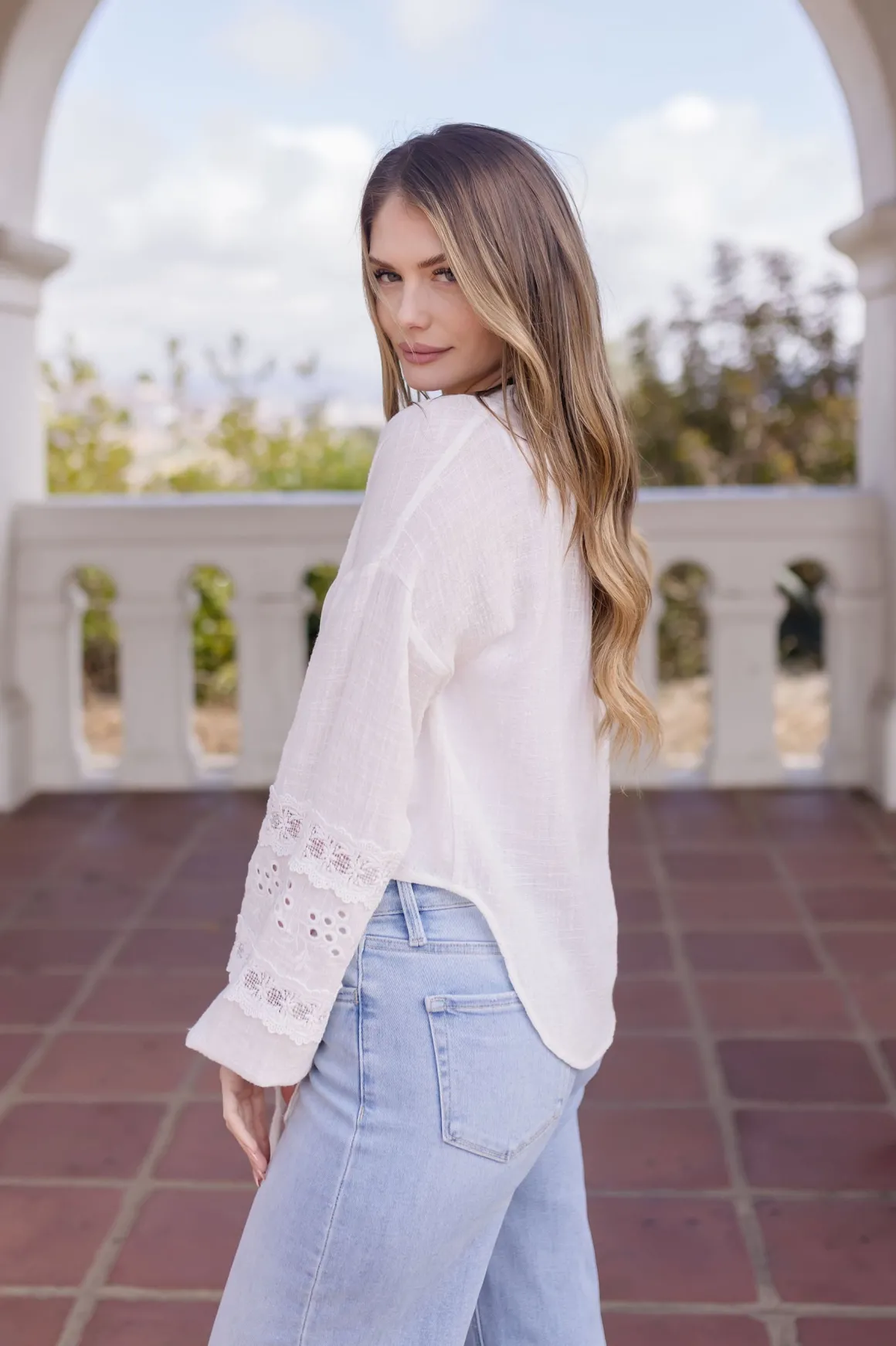 Kayla Long Sleeve Tie Front Embroidered Top White