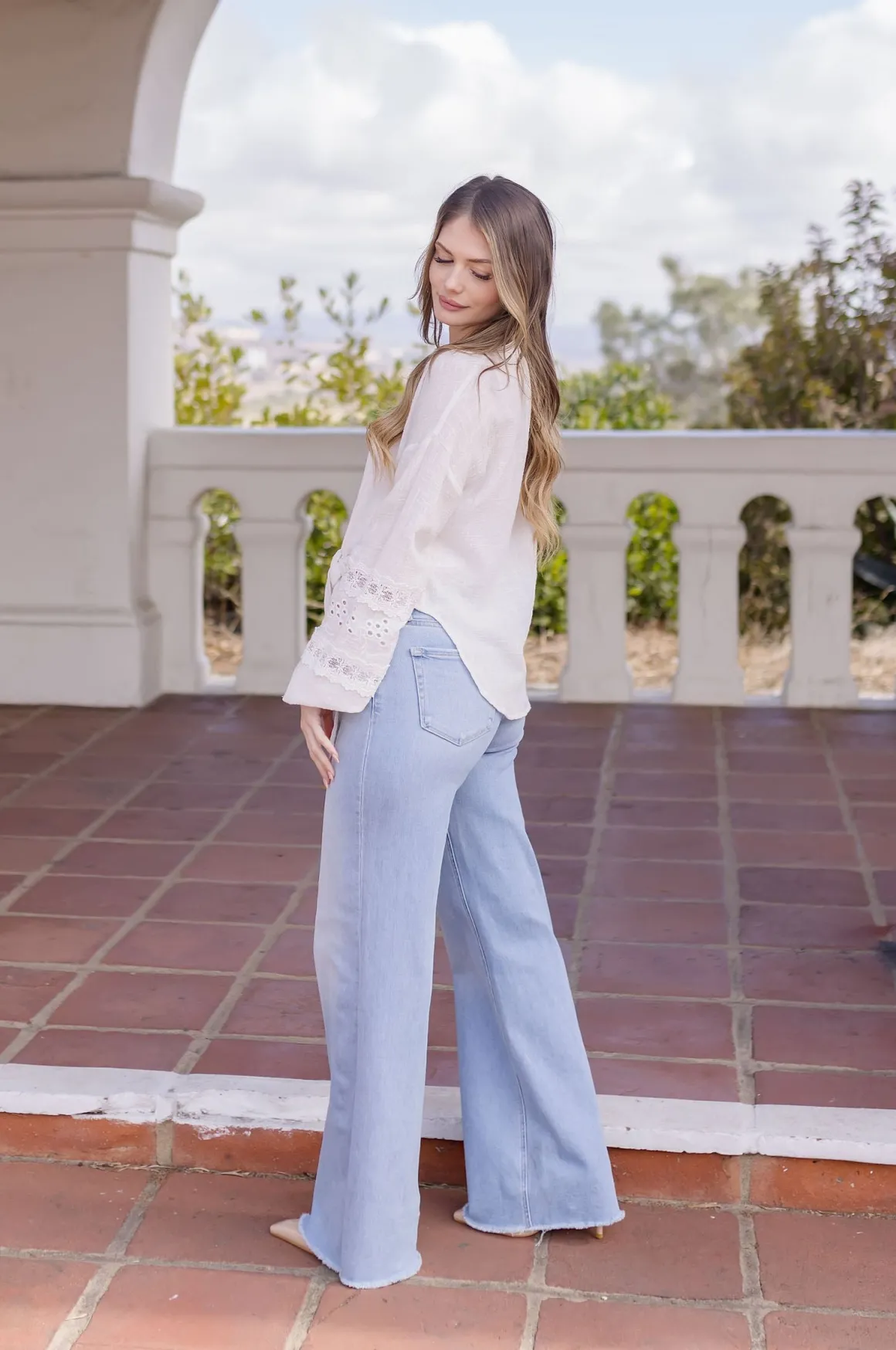 Kayla Long Sleeve Tie Front Embroidered Top White