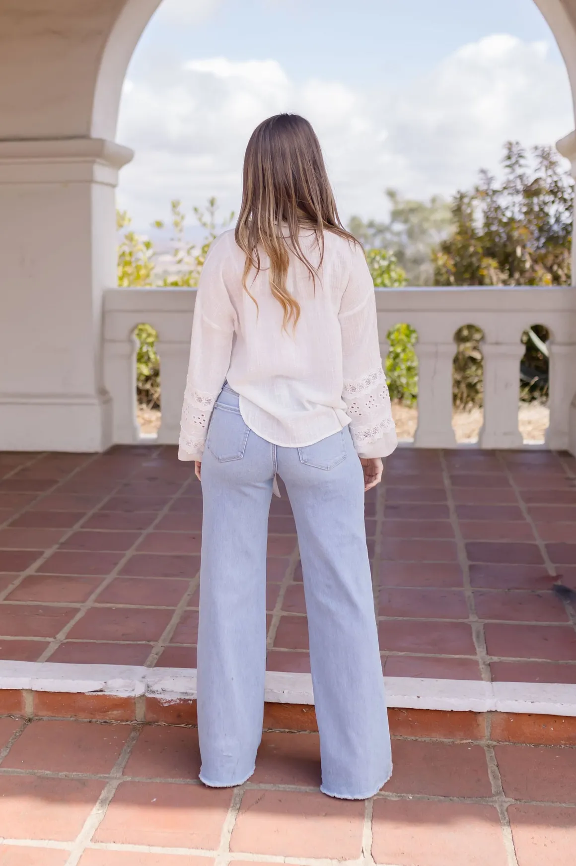 Kayla Long Sleeve Tie Front Embroidered Top White