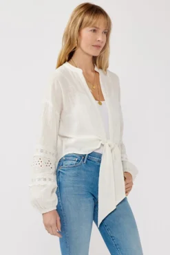 Kayla Long Sleeve Tie Front Embroidered Top White