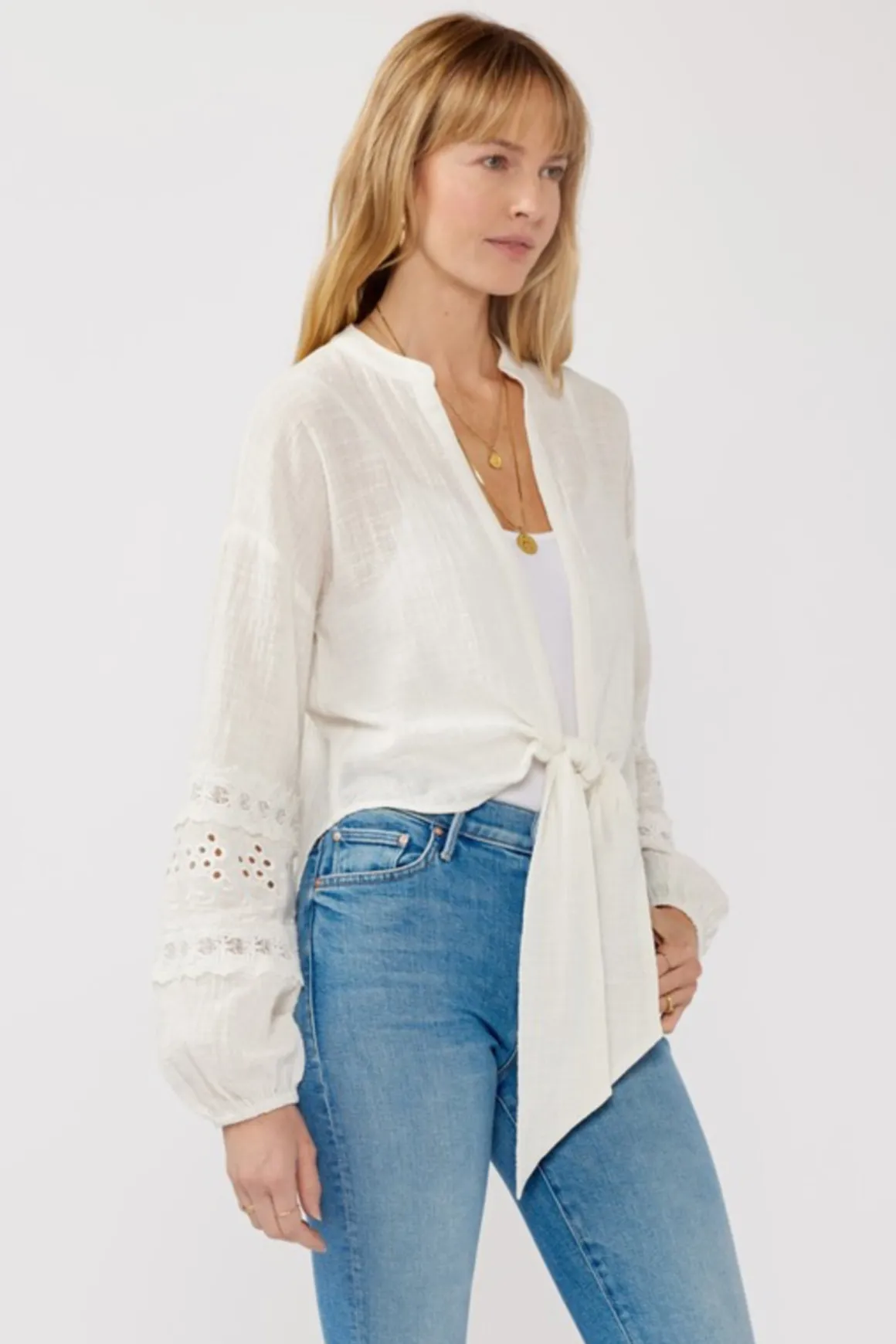 Kayla Long Sleeve Tie Front Embroidered Top White