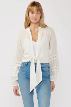 Kayla Long Sleeve Tie Front Embroidered Top White