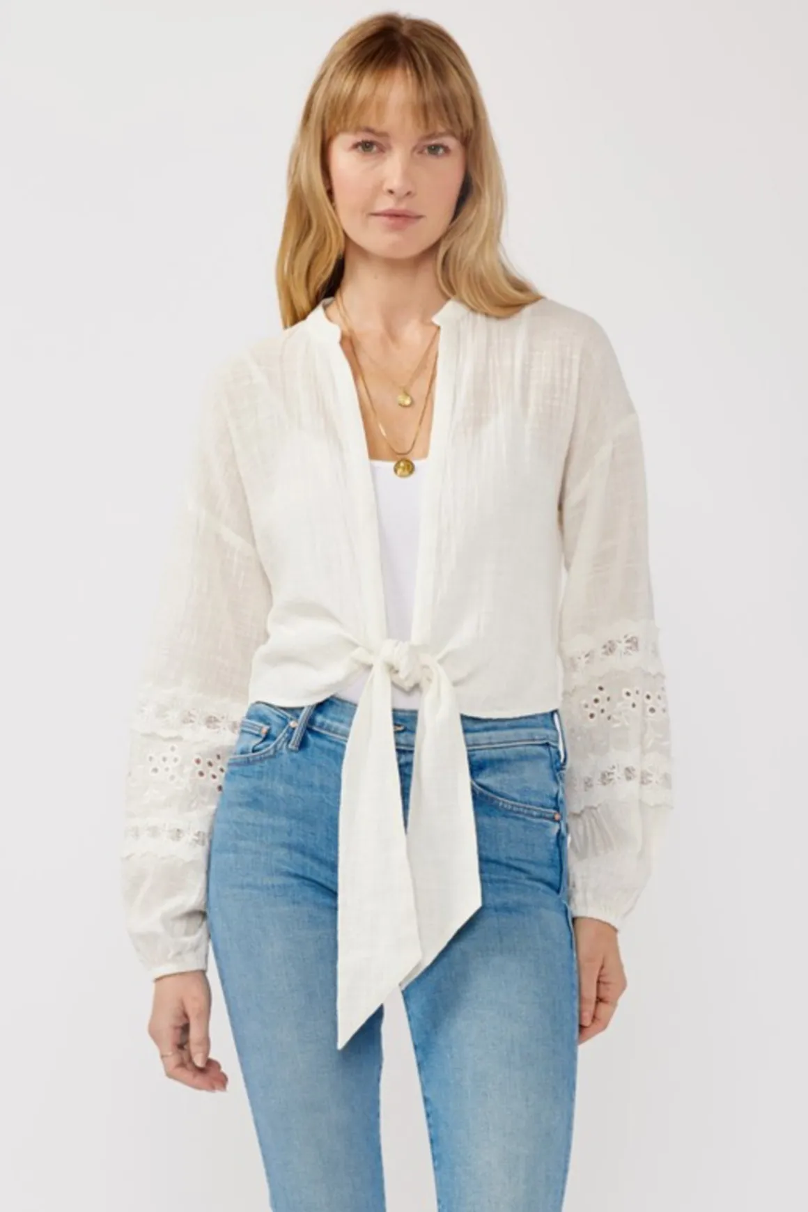 Kayla Long Sleeve Tie Front Embroidered Top White