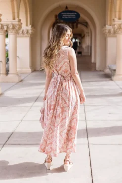 Keisha Sleeveless Paisley Print Scalloped Midi Dress Pink