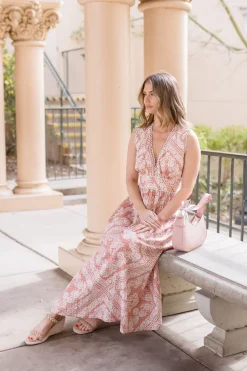 Keisha Sleeveless Paisley Print Scalloped Midi Dress Pink