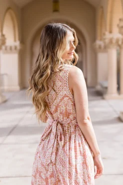 Keisha Sleeveless Paisley Print Scalloped Midi Dress Pink