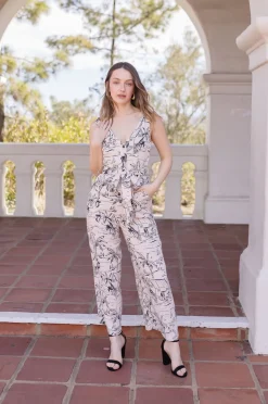 Kellan Sleeveless Waist Tie Abstract Print Jumpsuit White
