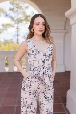 Kellan Sleeveless Waist Tie Abstract Print Jumpsuit White