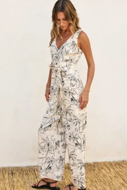 Kellan Sleeveless Waist Tie Abstract Print Jumpsuit White