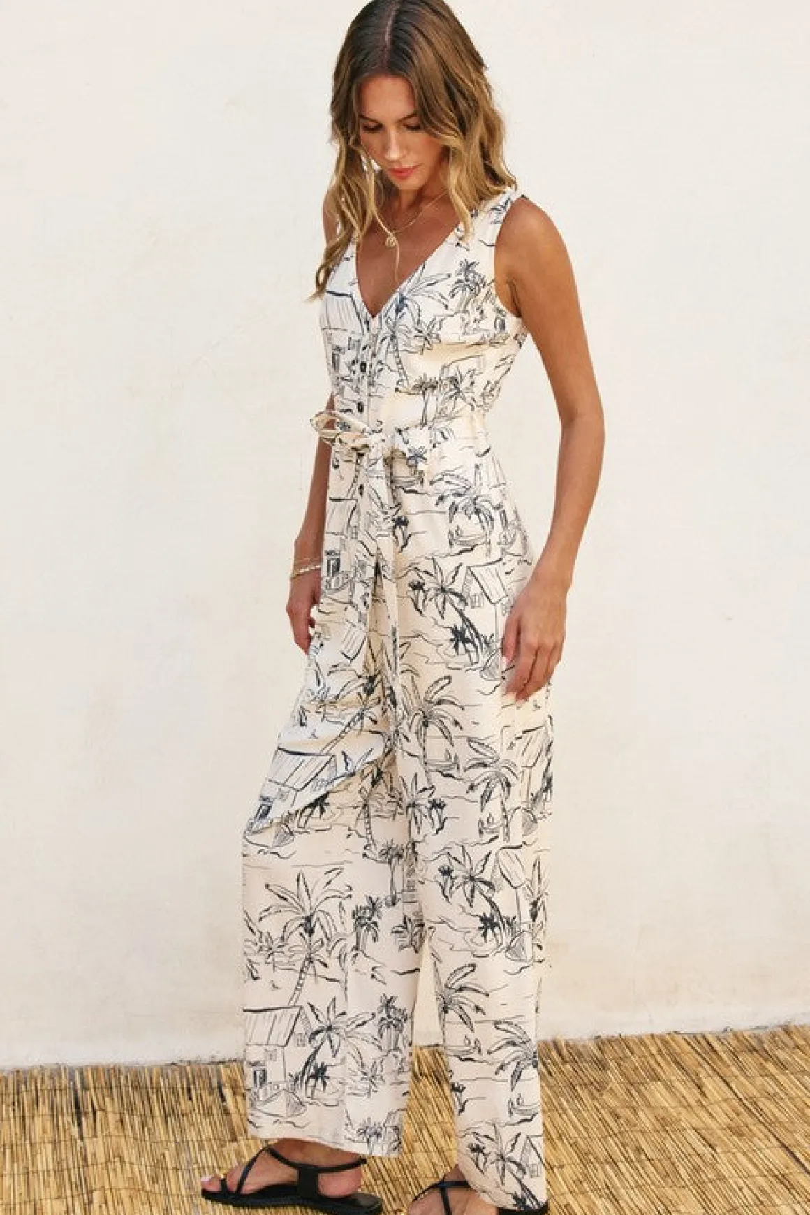 Kellan Sleeveless Waist Tie Abstract Print Jumpsuit White