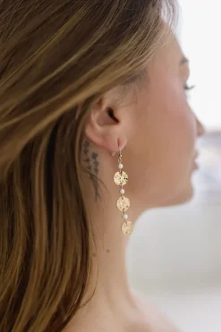 Kenna Pearl Round Hammered Drop Earrings Gold