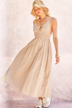 Kennedy Sleeveless Stripe Print Midi Dress Taupe