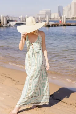 Kili Sleeveless Back Tie Abstract Print Maxi Dress Green