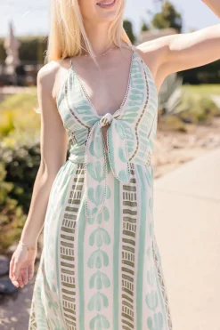 Kili Sleeveless Back Tie Abstract Print Maxi Dress Green