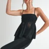 Kim Sleeveless Crochet Linen Babydoll Top Black