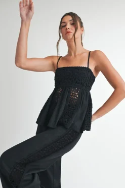 Kim Sleeveless Crochet Linen Babydoll Top Black