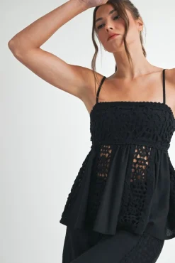 Kim Sleeveless Crochet Linen Babydoll Top Black