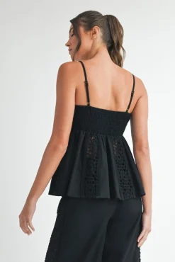 Kim Sleeveless Crochet Linen Babydoll Top Black