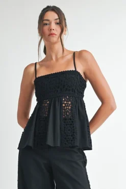 Kim Sleeveless Crochet Linen Babydoll Top Black