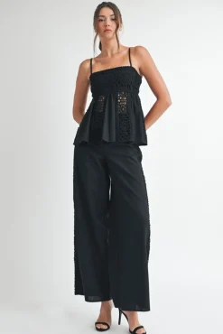 Kim Sleeveless Crochet Linen Babydoll Top Black
