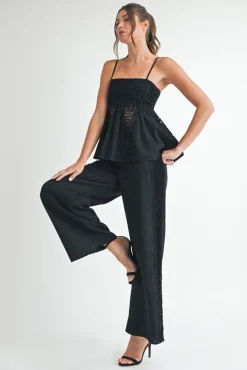 Kim Sleeveless Crochet Linen Babydoll Top Black
