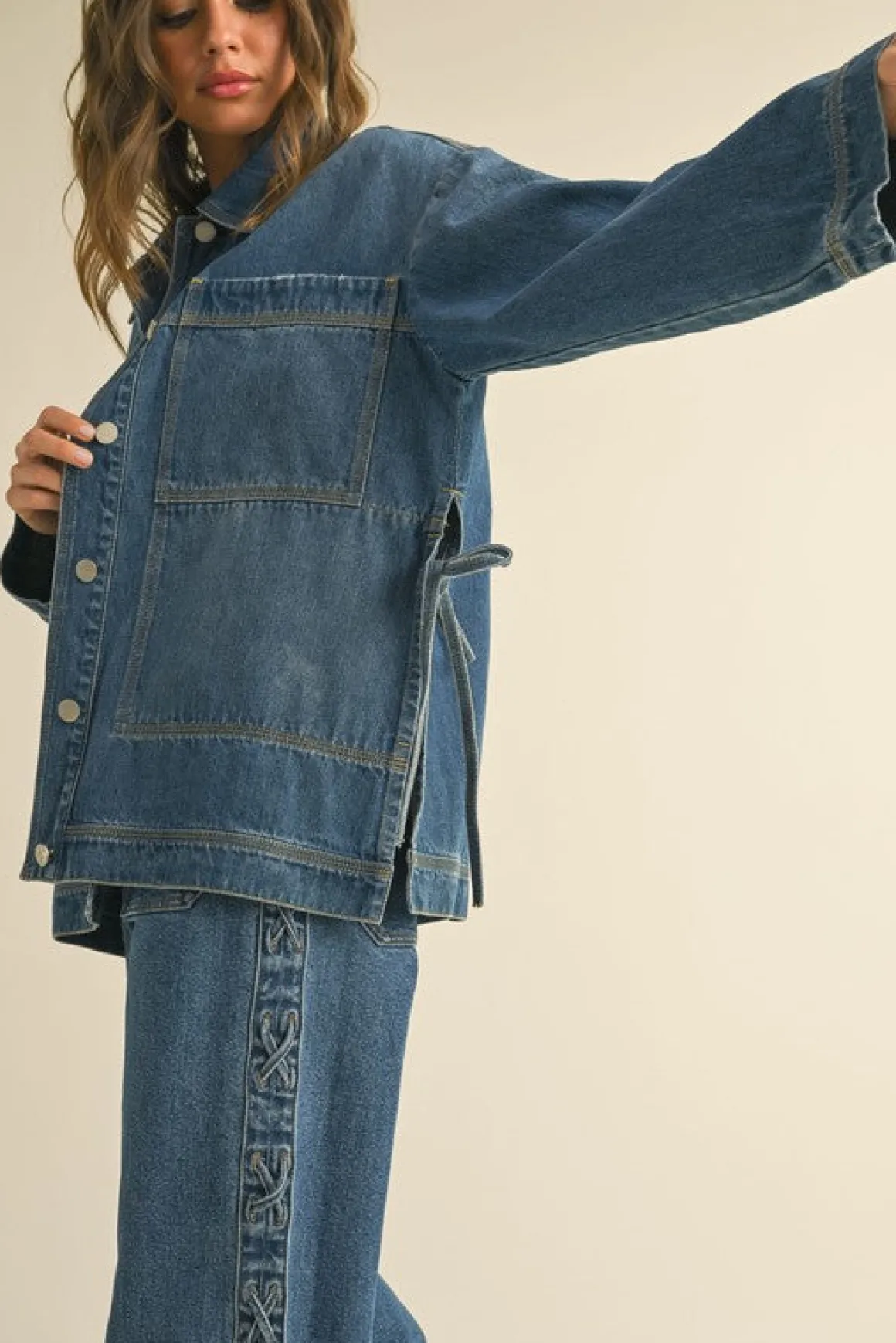 Kimber Long Sleeve Side Tie Oversized Denim Jacket Dark Wash