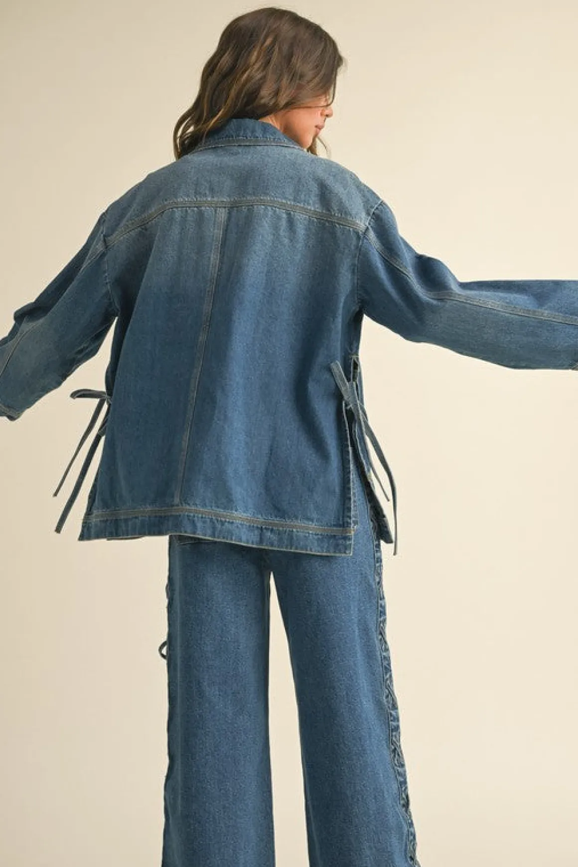 Kimber Long Sleeve Side Tie Oversized Denim Jacket Dark Wash