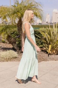 Kinsley Sleeveless Shoulder Tie Eyelet Maxi Dress Mint