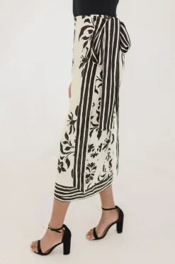 Kira High Waist Floral Print Linen Wrap Midi Skirt Cream