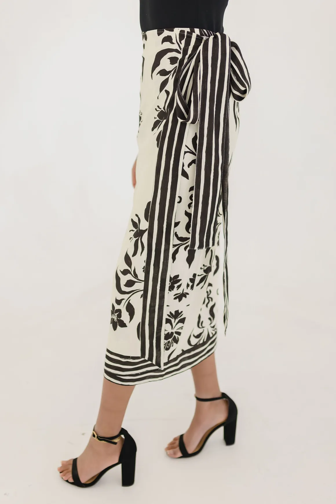 Kira High Waist Floral Print Linen Wrap Midi Skirt Cream