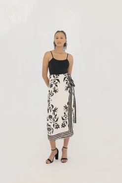 Kira High Waist Floral Print Linen Wrap Midi Skirt Cream