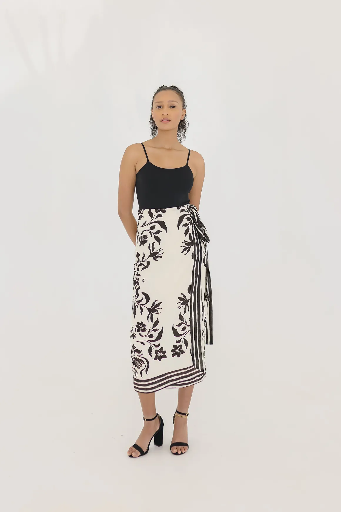 Kira High Waist Floral Print Linen Wrap Midi Skirt Cream